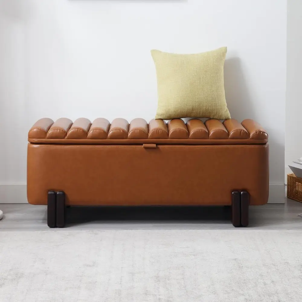 45" Storage Bench PU Leather Entryway Bench Upholstered Ottoman Bench with Wavy Top & Safty Hinge for Bedroom Living Room Hallw