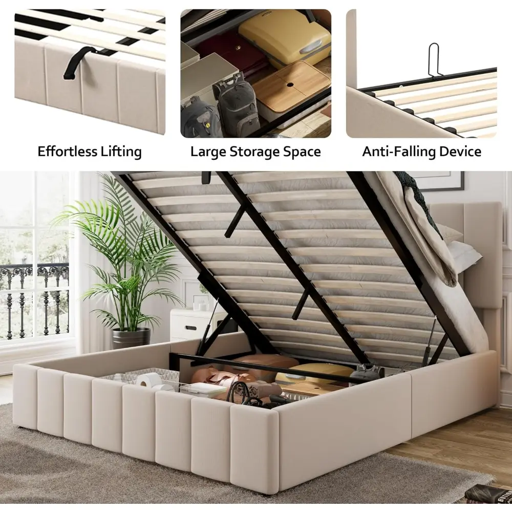 Merax Gas Lift Up Storage Bed, Upholstered Bed Frame with Hydraulic Storage System and Wooden Slat Support, Space-Saving Design,
