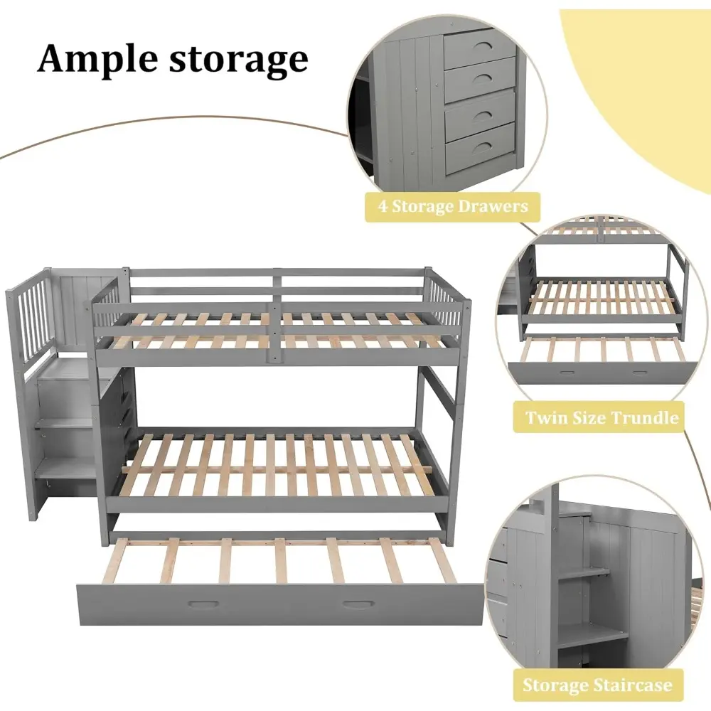 Harper & Bright Designs Full Over Full Stairway Bunk Bed with Twin Size Trundle and Drawers, No Spring Box Needed (Grey)