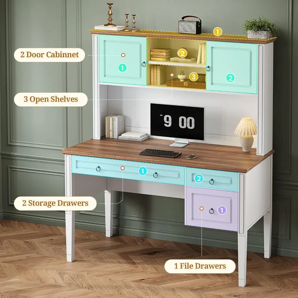 Farmhouse Desk with Hutch, 47.3" Executive Desk, Home Office Desk with 3 Drawers, Computer Desk with File Drawer, 2 Storage Cab