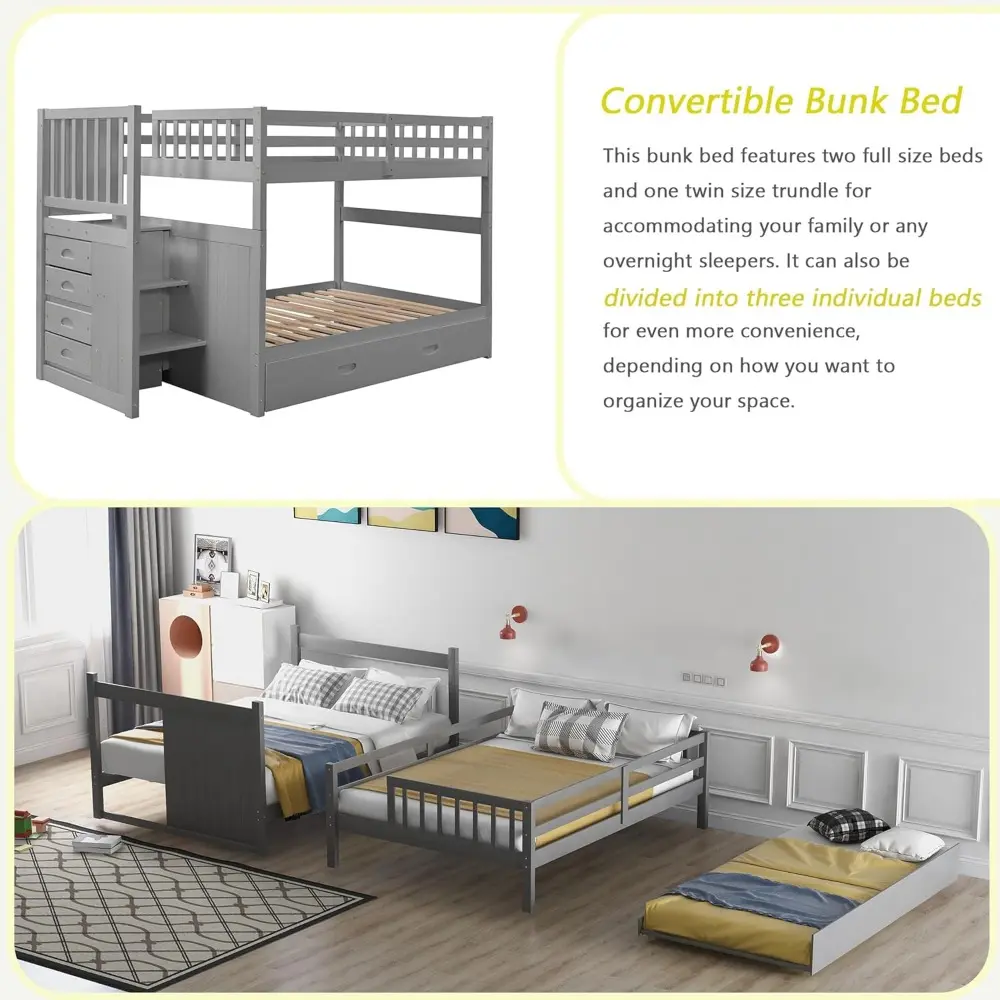 Harper & Bright Designs Full Over Full Stairway Bunk Bed with Twin Size Trundle and Drawers, No Spring Box Needed (Grey)