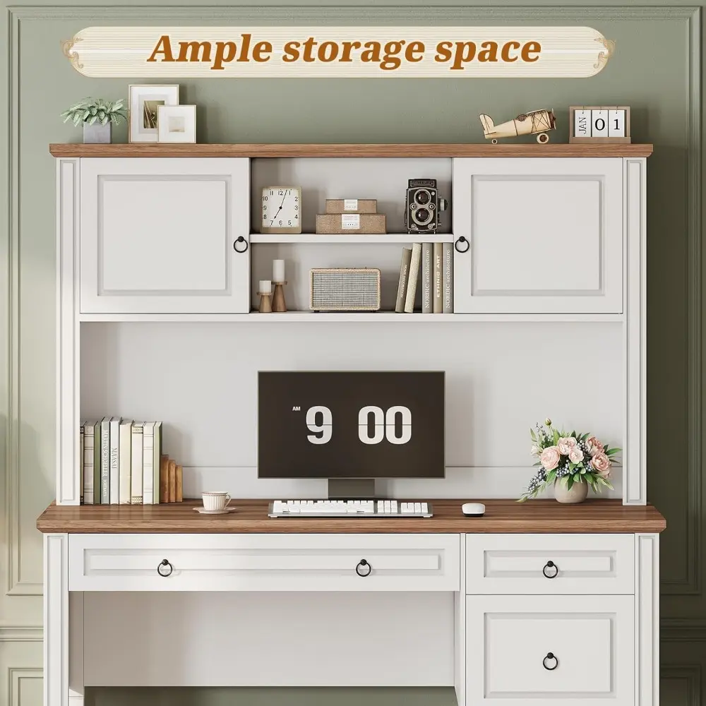 Farmhouse Desk with Hutch, 47.3" Executive Desk, Home Office Desk with 3 Drawers, Computer Desk with File Drawer, 2 Storage Cab