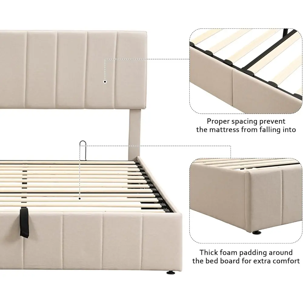 Merax Gas Lift Up Storage Bed, Upholstered Bed Frame with Hydraulic Storage System and Wooden Slat Support, Space-Saving Design,