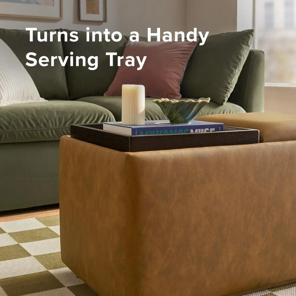 Levi Storage Bench with Reversible Tray, Modern Storage Coffee Table, Bedroom Bench, Rectangular Cube Upholstered Coffee Table