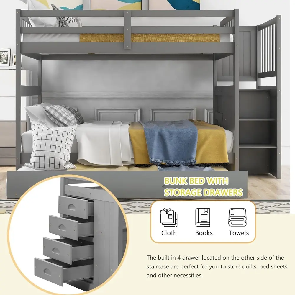 Harper & Bright Designs Full Over Full Stairway Bunk Bed with Twin Size Trundle and Drawers, No Spring Box Needed (Grey)