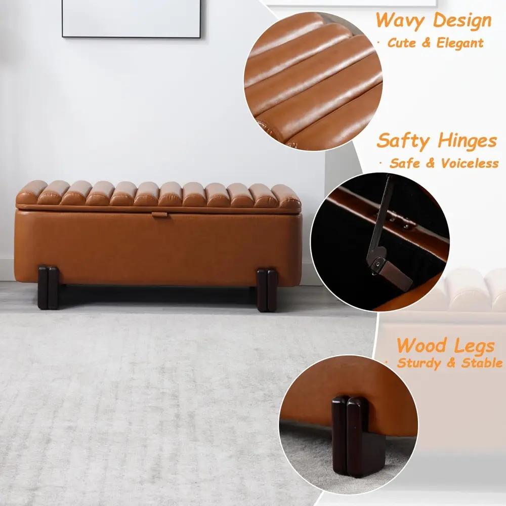 45" Storage Bench PU Leather Entryway Bench Upholstered Ottoman Bench with Wavy Top & Safty Hinge for Bedroom Living Room Hallw