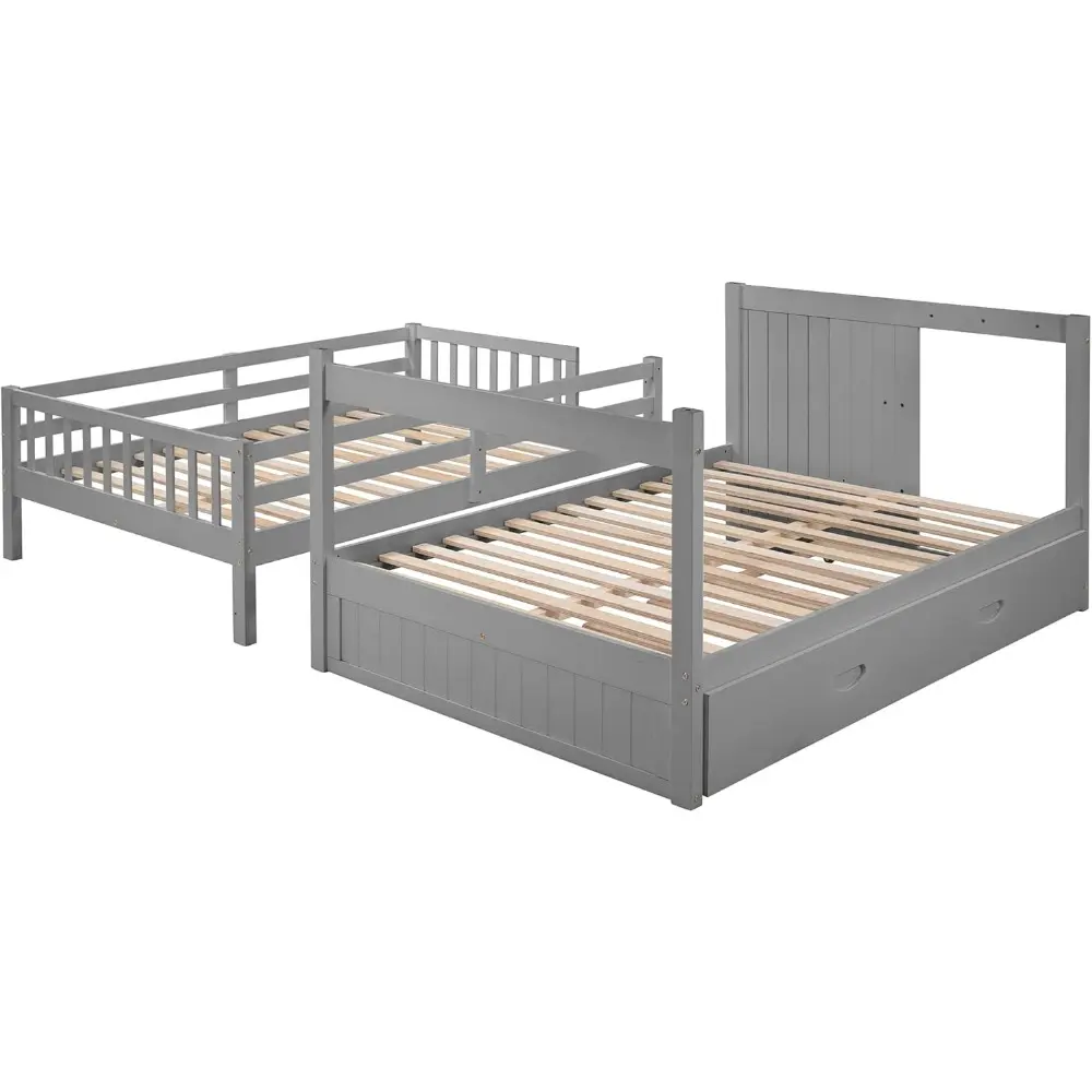 Harper & Bright Designs Full Over Full Stairway Bunk Bed with Twin Size Trundle and Drawers, No Spring Box Needed (Grey)