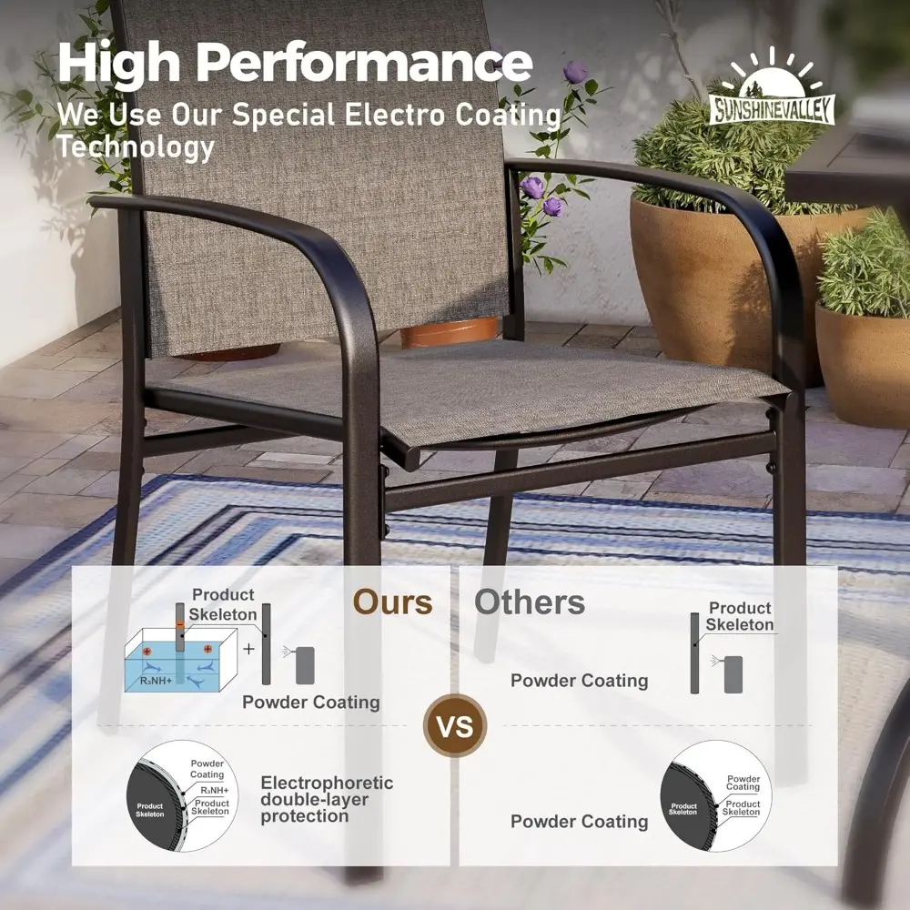 7 Piece Outdoor Dining Set for 6, 54" Round Metal Table with Umbrella Hole, 6 Brown Dining Chairs, Patio Table and Chairs Set fo