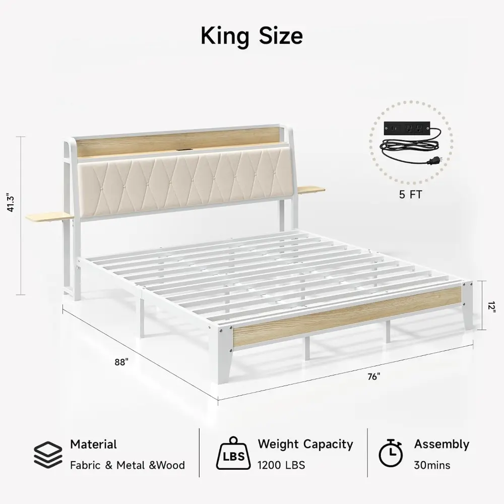 King Size Bed Frame with Side Storage Shelf, Ergonomic Upholstered Headboard with Charging Station, King Platform Bed Frame, Met