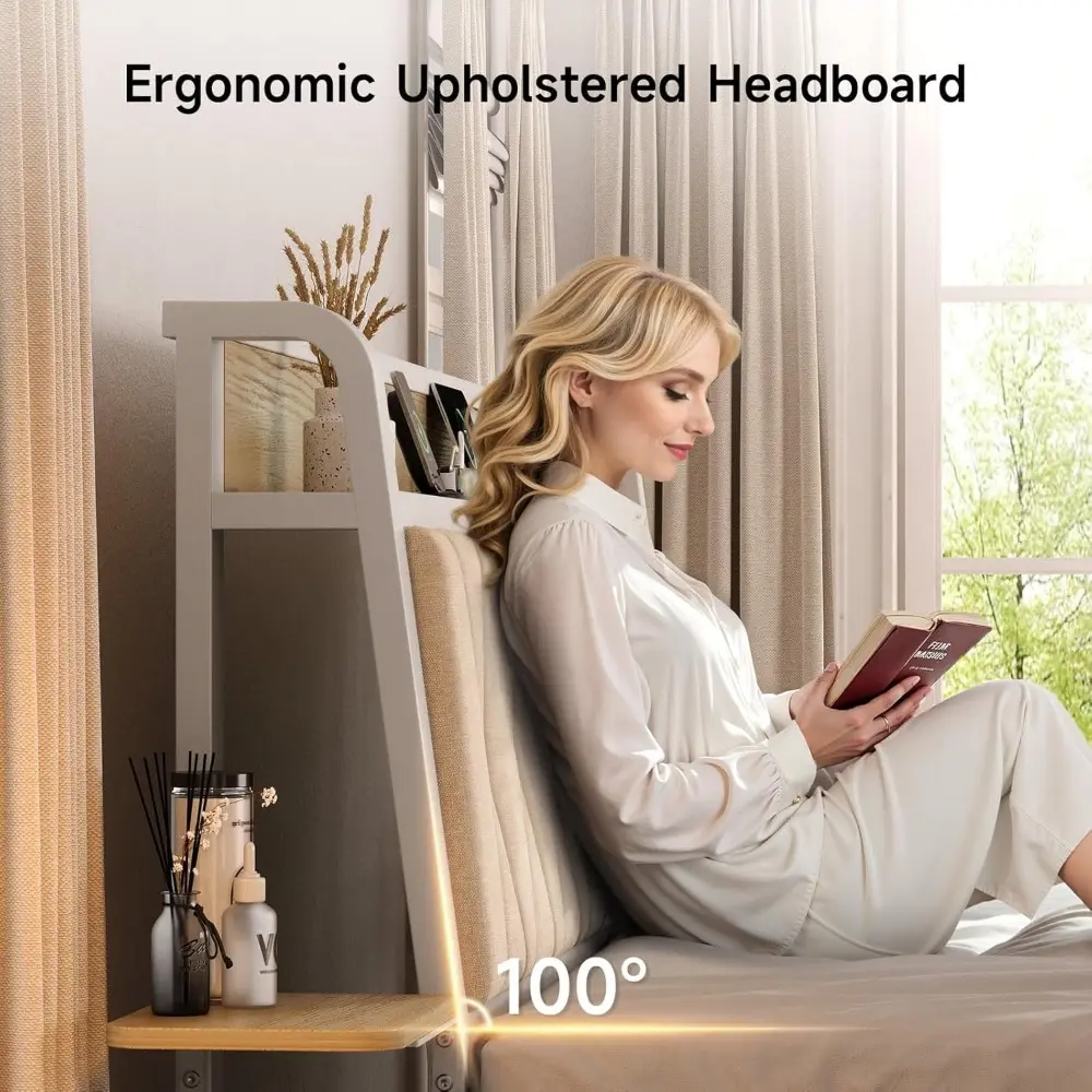 King Size Bed Frame with Side Storage Shelf, Ergonomic Upholstered Headboard with Charging Station, King Platform Bed Frame, Met