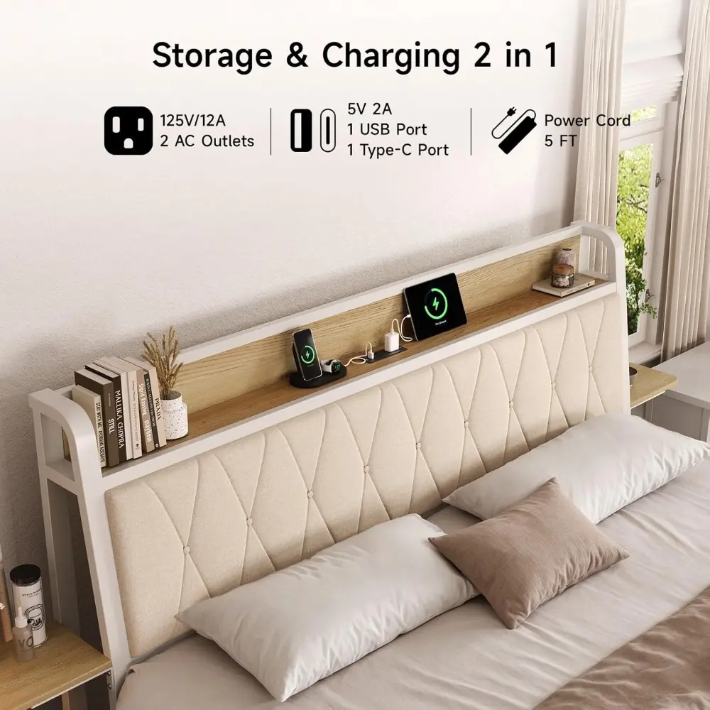 King Size Bed Frame with Side Storage Shelf, Ergonomic Upholstered Headboard with Charging Station, King Platform Bed Frame, Met