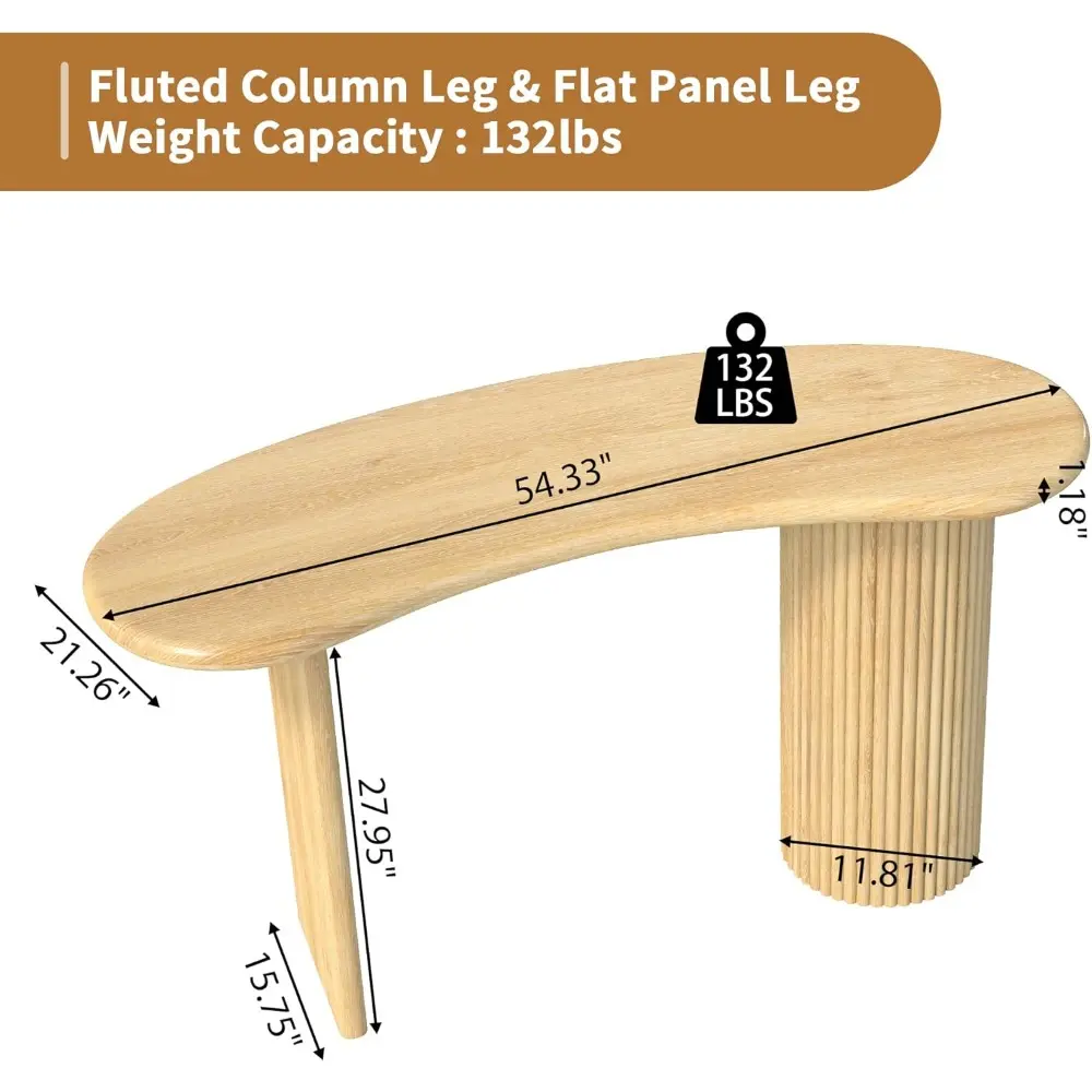 54.3" Curved Small Computer Desk, Wooden Executive Desk with Sturdy Fluted Legs, Modern Luxury Corner Single Writing Vanity Des