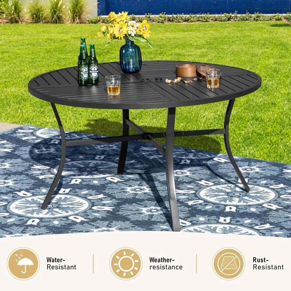 7 Piece Outdoor Dining Set for 6, 54" Round Metal Table with Umbrella Hole, 6 Brown Dining Chairs, Patio Table and Chairs Set fo
