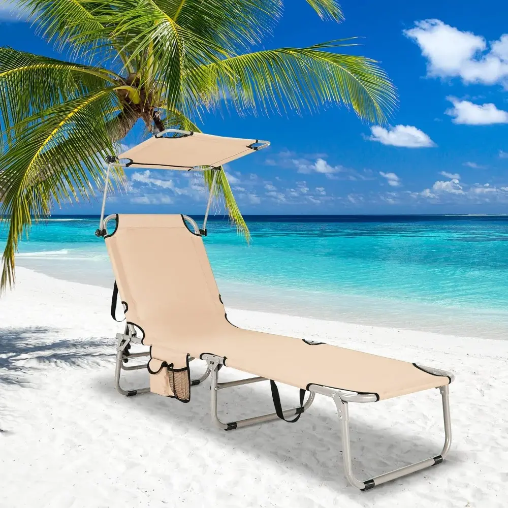 Outdoor Folding Chaise Lounge Chair, 5-Fold Reclining Beach Chair, Patio Recliner Chair w/ 360° Canopy Shade  (2, Beige)