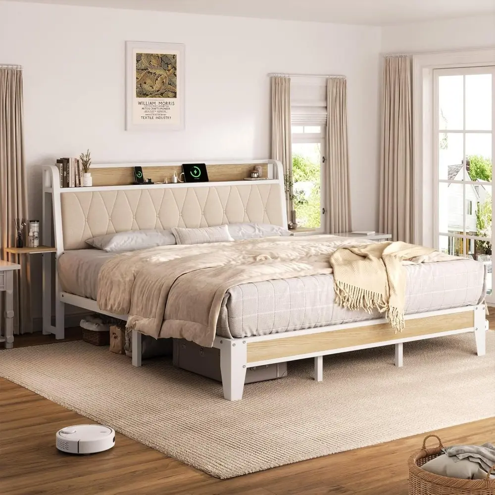 King Size Bed Frame with Side Storage Shelf, Ergonomic Upholstered Headboard with Charging Station, King Platform Bed Frame, Met