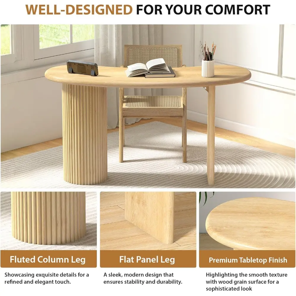 54.3" Curved Small Computer Desk, Wooden Executive Desk with Sturdy Fluted Legs, Modern Luxury Corner Single Writing Vanity Des