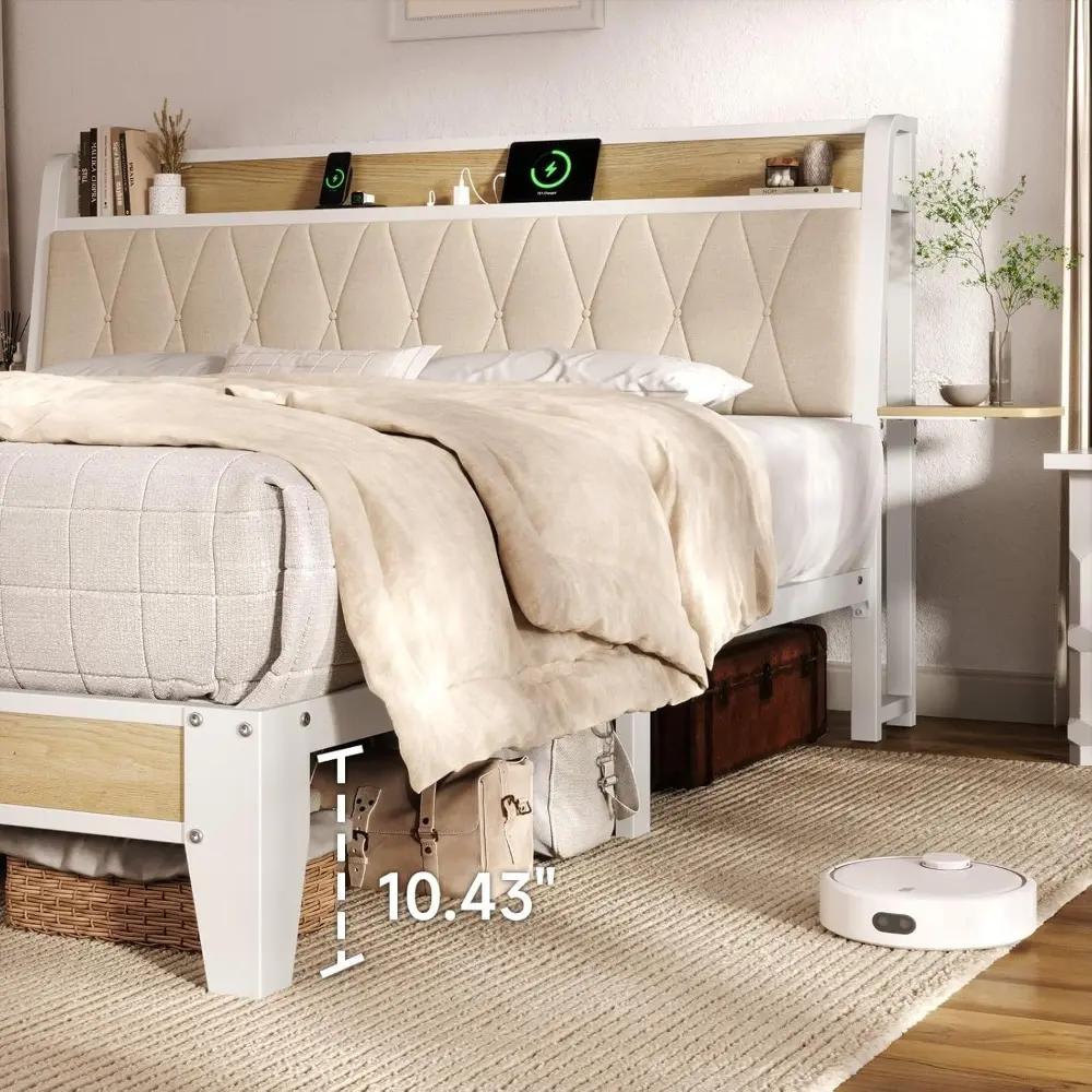 King Size Bed Frame with Side Storage Shelf, Ergonomic Upholstered Headboard with Charging Station, King Platform Bed Frame, Met