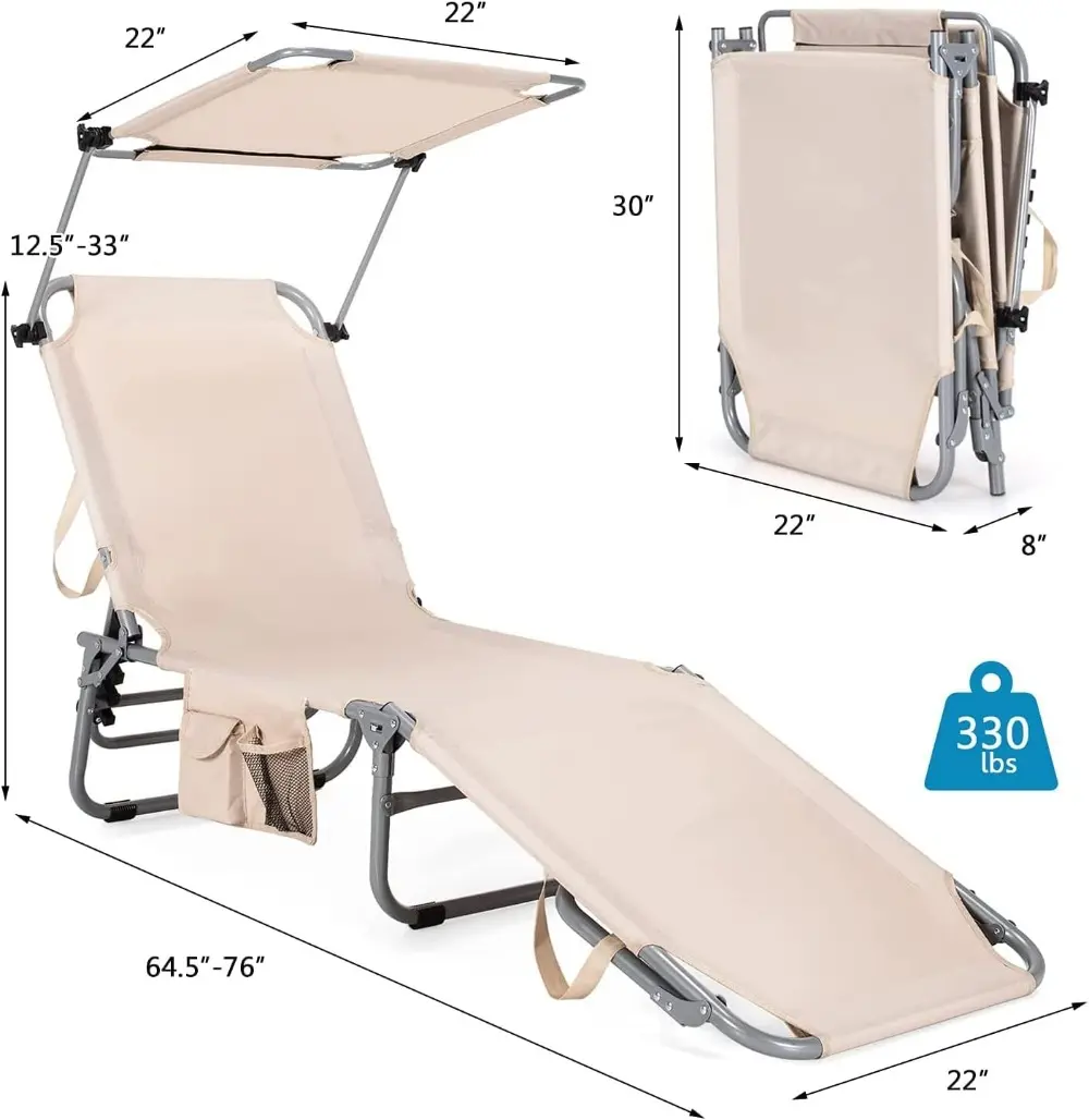 Outdoor Folding Chaise Lounge Chair, 5-Fold Reclining Beach Chair, Patio Recliner Chair w/ 360° Canopy Shade  (2, Beige)