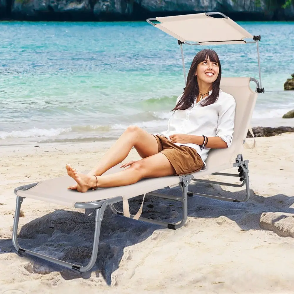 Outdoor Folding Chaise Lounge Chair, 5-Fold Reclining Beach Chair, Patio Recliner Chair w/ 360° Canopy Shade  (2, Beige)