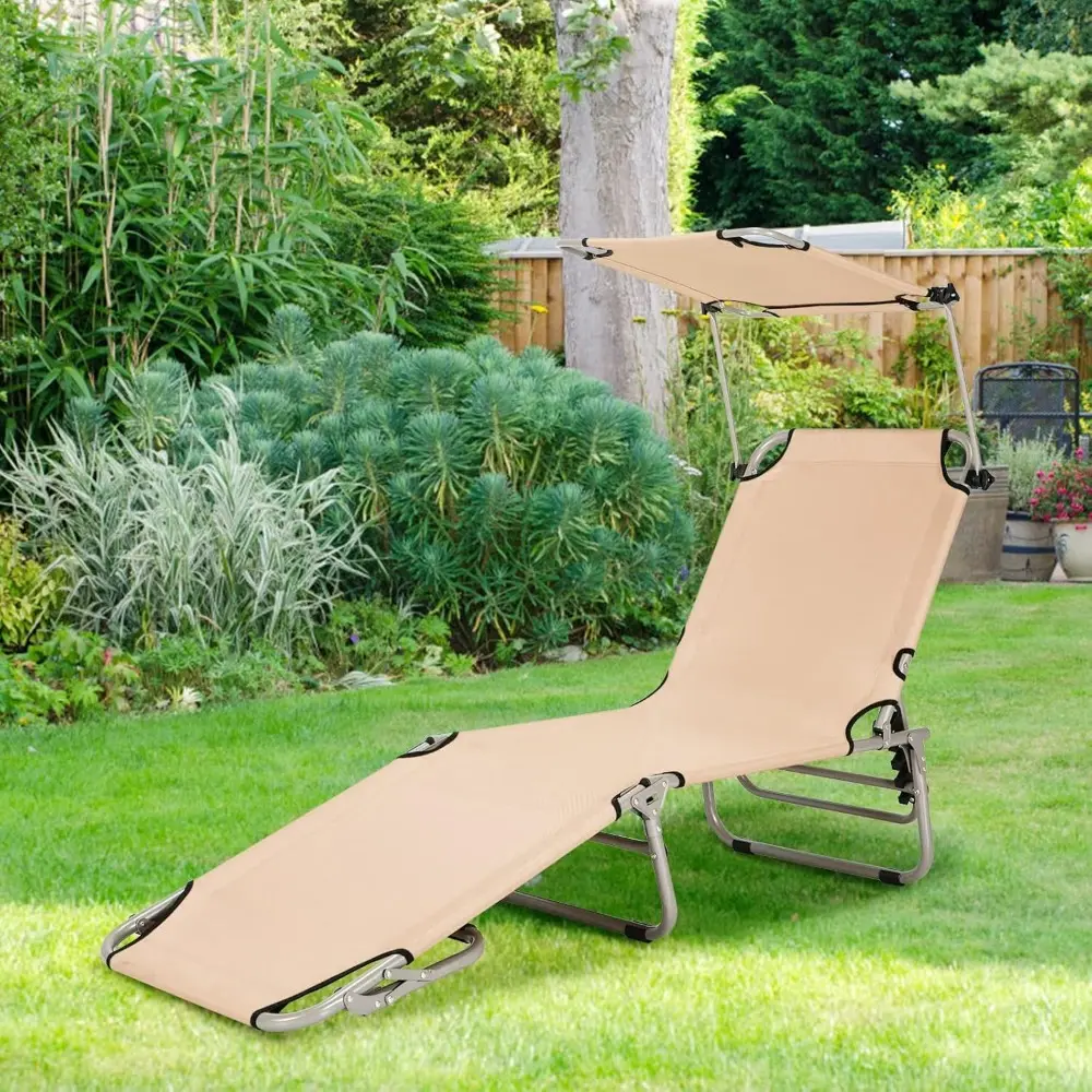 Outdoor Folding Chaise Lounge Chair, 5-Fold Reclining Beach Chair, Patio Recliner Chair w/ 360° Canopy Shade  (2, Beige)