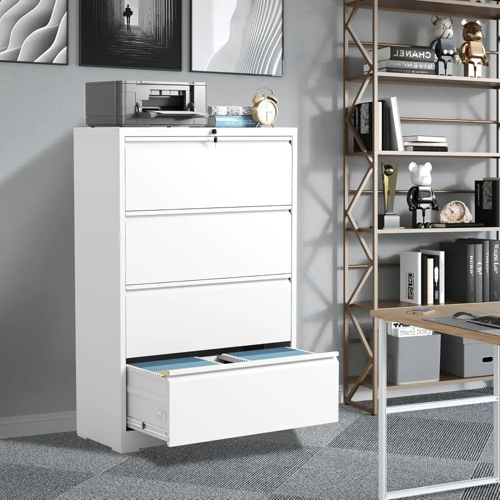 File Cabinets 4 Drawer,Metal Office Storage Filing Cabinet with Lock,White Lateral Filing Cabinet for Home Office,Horizontal Loc