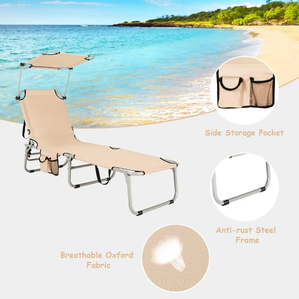 Outdoor Folding Chaise Lounge Chair, 5-Fold Reclining Beach Chair, Patio Recliner Chair w/ 360° Canopy Shade  (2, Beige)