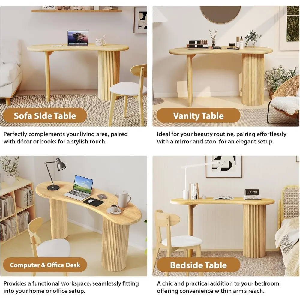 54.3" Curved Small Computer Desk, Wooden Executive Desk with Sturdy Fluted Legs, Modern Luxury Corner Single Writing Vanity Des