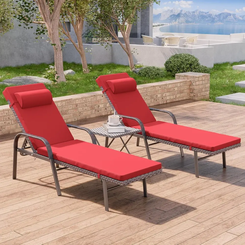 3 Pieces Patio Chaise Lounge Set Outdoor PE Rattan Armrest Lounge Chair Adjustable Backrest Reclining Chair with Folding Table