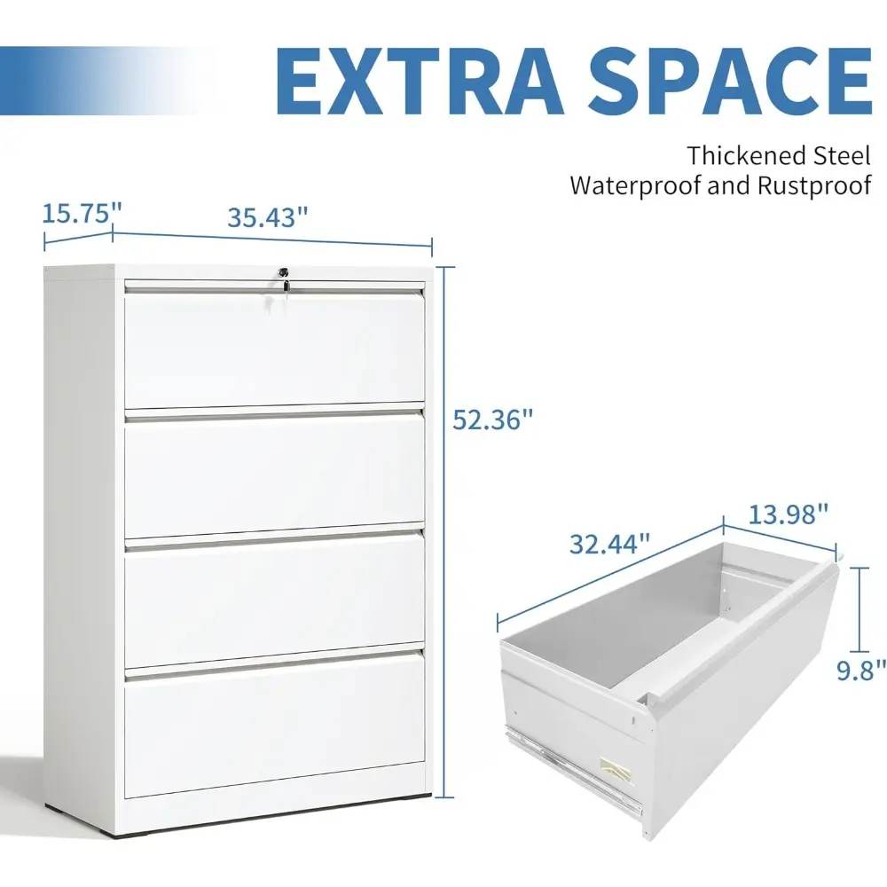 File Cabinets 4 Drawer,Metal Office Storage Filing Cabinet with Lock,White Lateral Filing Cabinet for Home Office,Horizontal Loc
