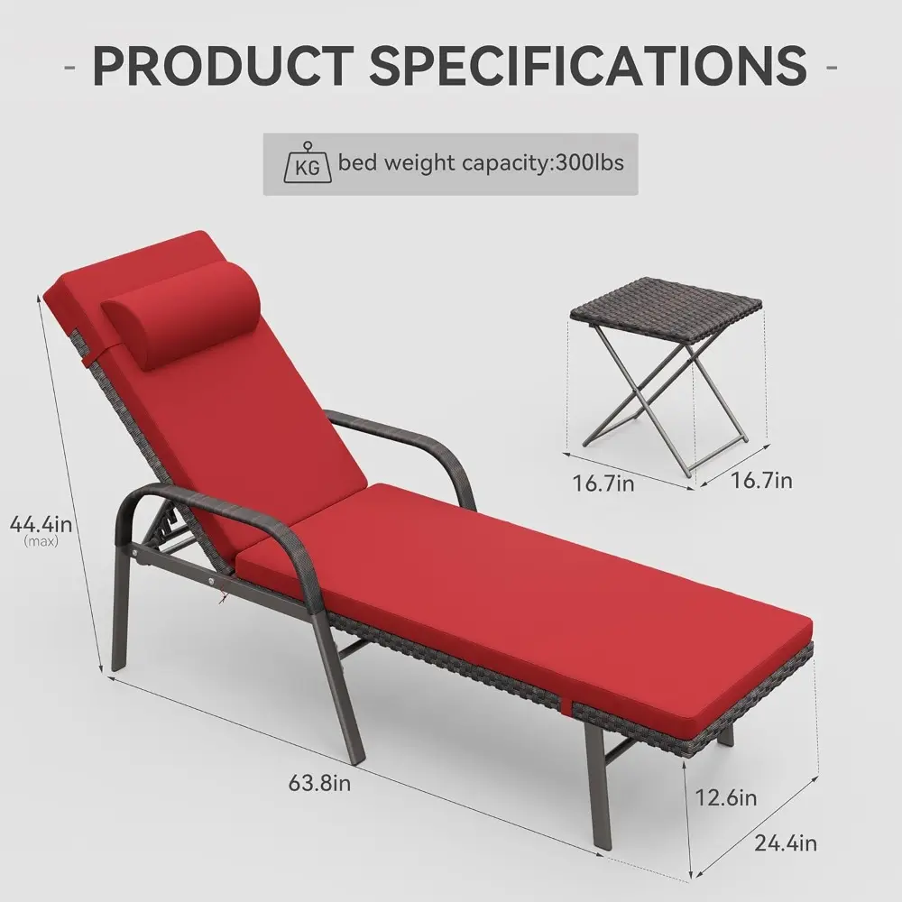 3 Pieces Patio Chaise Lounge Set Outdoor PE Rattan Armrest Lounge Chair Adjustable Backrest Reclining Chair with Folding Table