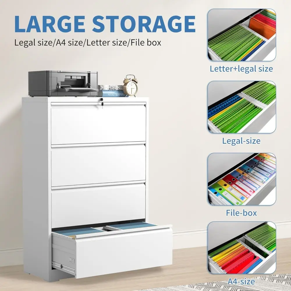 File Cabinets 4 Drawer,Metal Office Storage Filing Cabinet with Lock,White Lateral Filing Cabinet for Home Office,Horizontal Loc