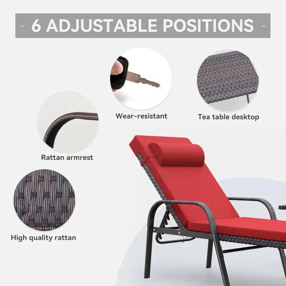 3 Pieces Patio Chaise Lounge Set Outdoor PE Rattan Armrest Lounge Chair Adjustable Backrest Reclining Chair with Folding Table