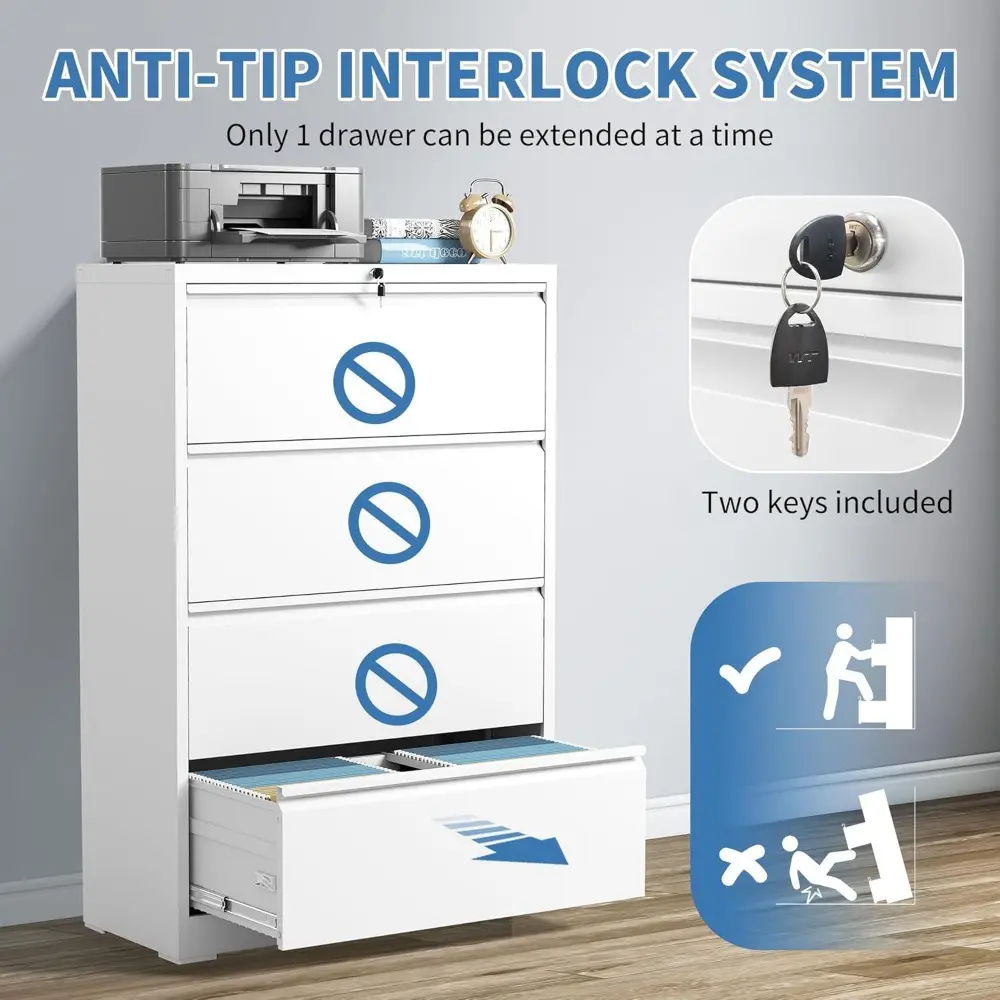 File Cabinets 4 Drawer,Metal Office Storage Filing Cabinet with Lock,White Lateral Filing Cabinet for Home Office,Horizontal Loc