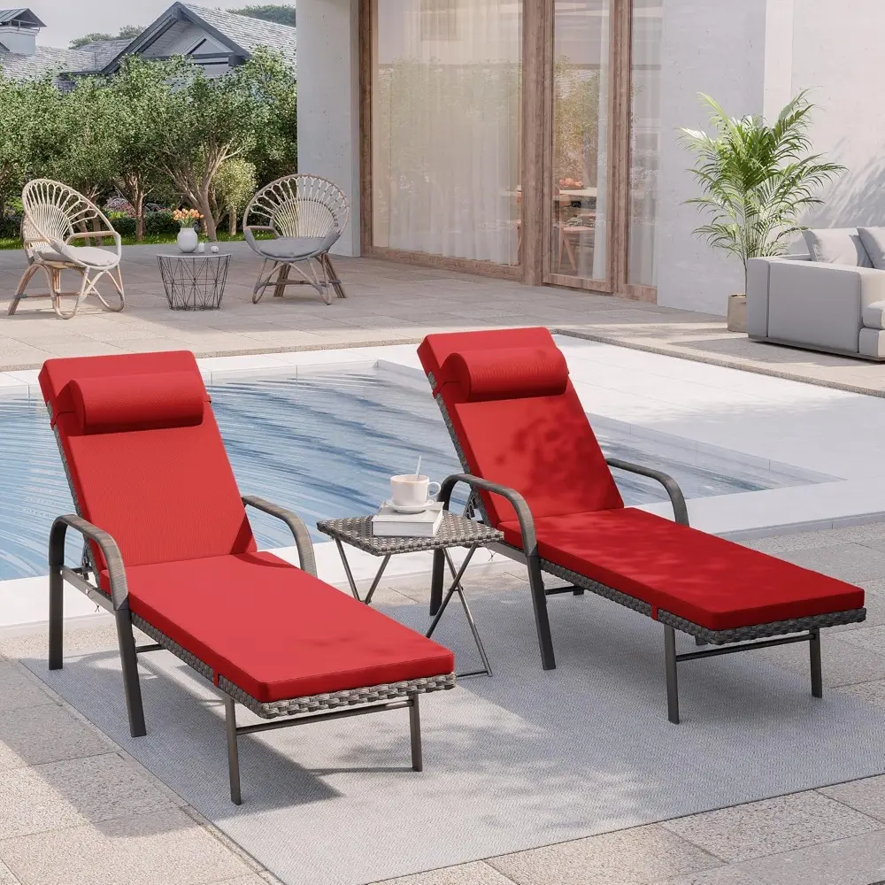 3 Pieces Patio Chaise Lounge Set Outdoor PE Rattan Armrest Lounge Chair Adjustable Backrest Reclining Chair with Folding Table
