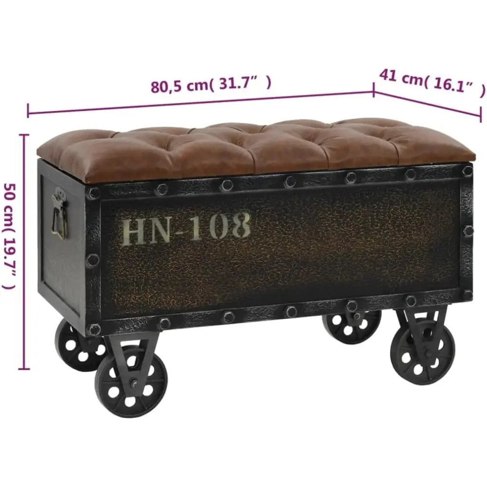Solid Fir Wood Storage Bench with Castors- Traveling Trunk Design - Retro Style - Brown, Faux Leather Upholstered Seat