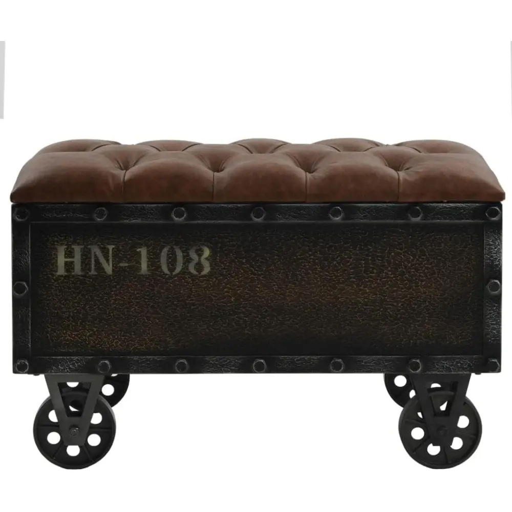 Solid Fir Wood Storage Bench with Castors- Traveling Trunk Design - Retro Style - Brown, Faux Leather Upholstered Seat