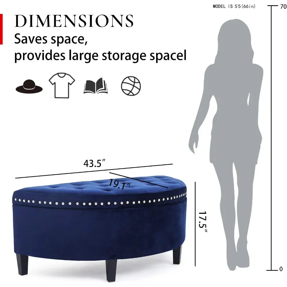 43.5" Storage Bench Velvet Button Tufted Half Moon Ottoman with Rivet Storage Bench for Living Room Bedroom Entryway (Elegant B