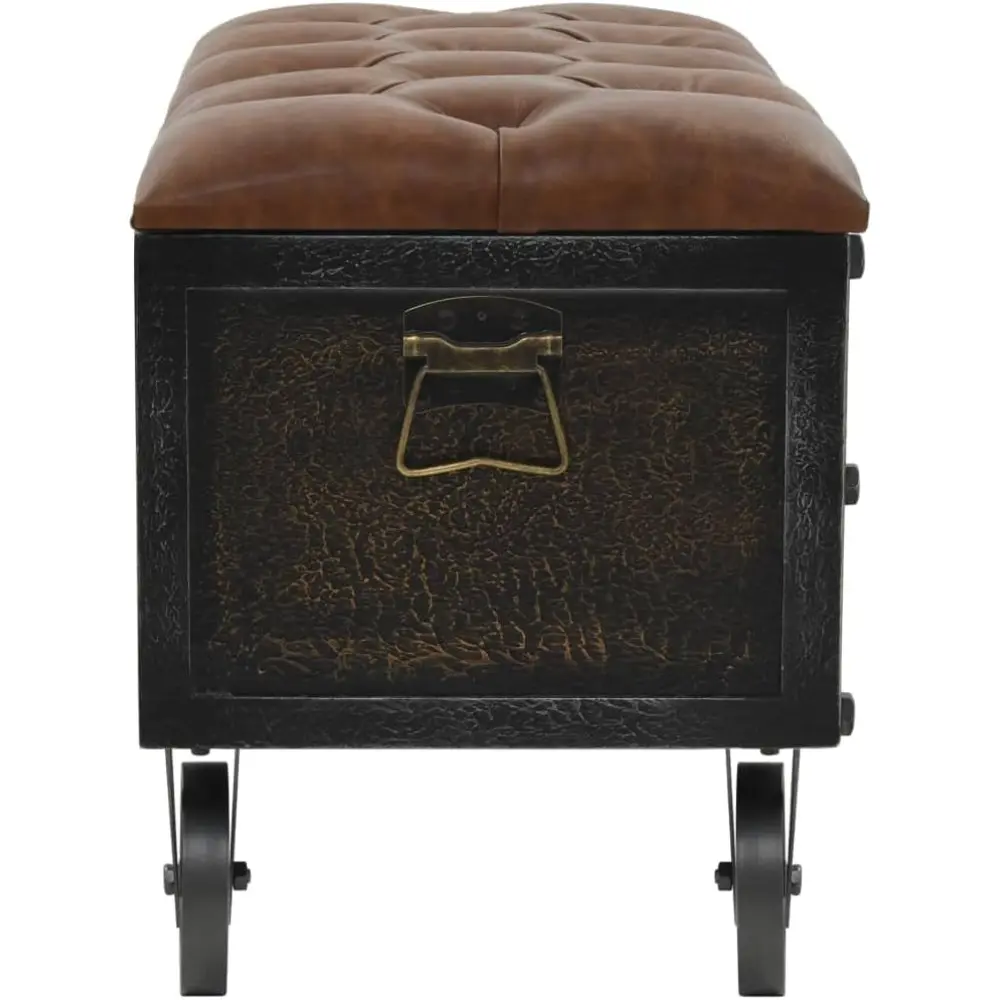 Solid Fir Wood Storage Bench with Castors- Traveling Trunk Design - Retro Style - Brown, Faux Leather Upholstered Seat