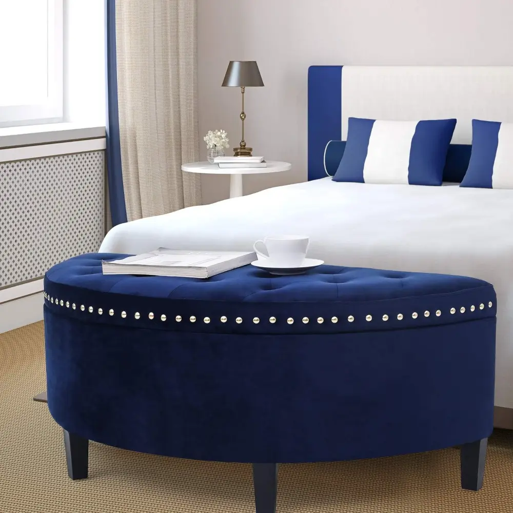 43.5" Storage Bench Velvet Button Tufted Half Moon Ottoman with Rivet Storage Bench for Living Room Bedroom Entryway (Elegant B