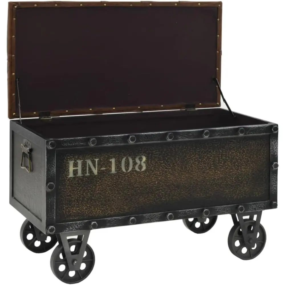 Solid Fir Wood Storage Bench with Castors- Traveling Trunk Design - Retro Style - Brown, Faux Leather Upholstered Seat
