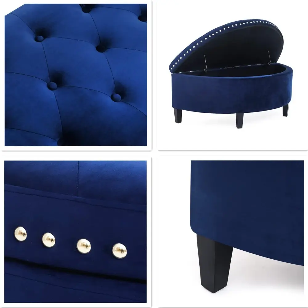 43.5" Storage Bench Velvet Button Tufted Half Moon Ottoman with Rivet Storage Bench for Living Room Bedroom Entryway (Elegant B