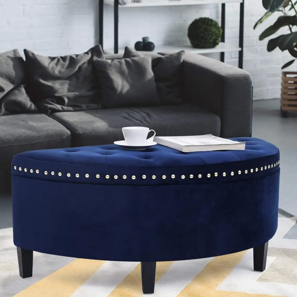 43.5" Storage Bench Velvet Button Tufted Half Moon Ottoman with Rivet Storage Bench for Living Room Bedroom Entryway (Elegant B