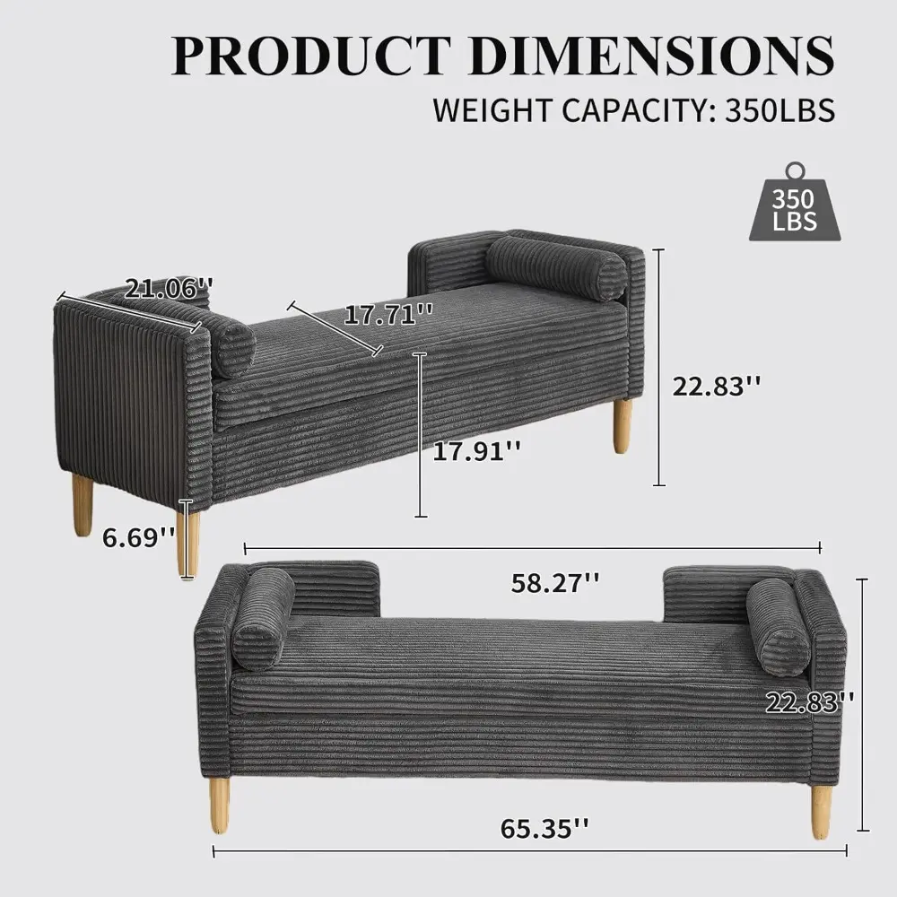 65" Large Storage Ottoman Bench with 2 Pillows, Corduroy Upholstered Entryway Bench with Wood Leg, End of Bed Bench with Straig