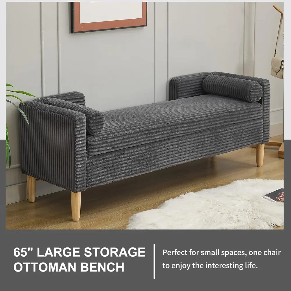 65" Large Storage Ottoman Bench with 2 Pillows, Corduroy Upholstered Entryway Bench with Wood Leg, End of Bed Bench with Straig