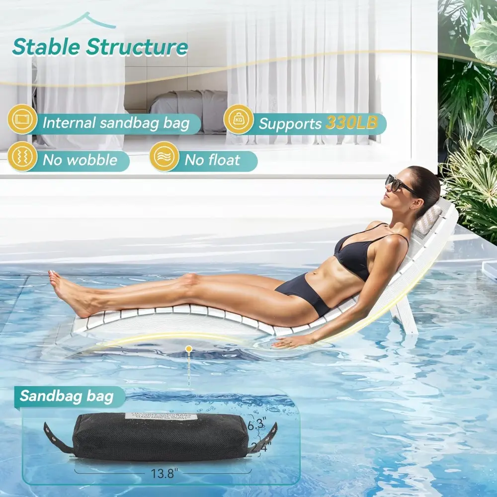Folding Pool Lounge Chairs Set of 2, HDPS Anti-Floating Lounge Chairs for in-Pool Use, Chairs with Headrest for Hotel, Resort,