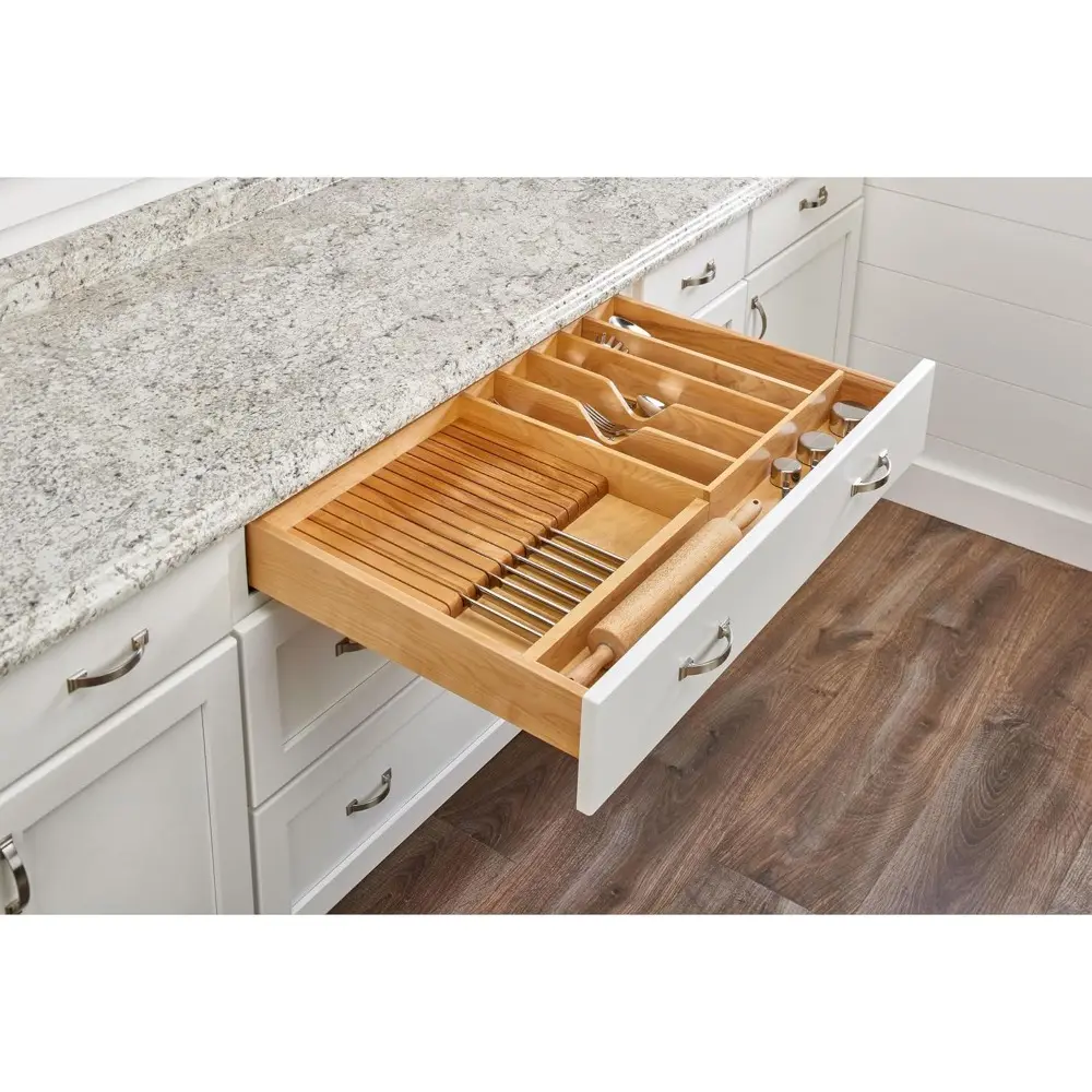 Rev-A-Shelf Trim-to-Fit Wooden Kitchen Drawer Divider and Knife Block Utility Holder Tray Organizer Insert, 33.13 x 22 In, Maple