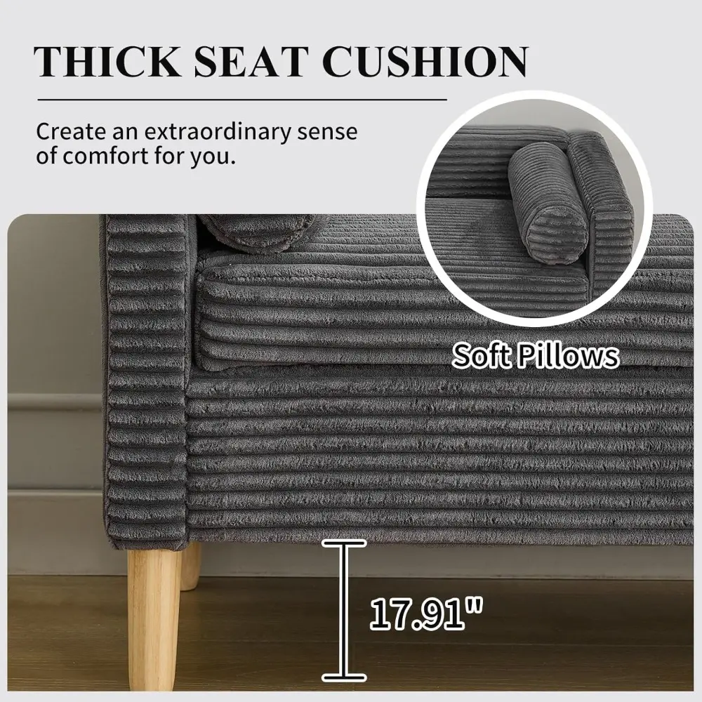 65" Large Storage Ottoman Bench with 2 Pillows, Corduroy Upholstered Entryway Bench with Wood Leg, End of Bed Bench with Straig