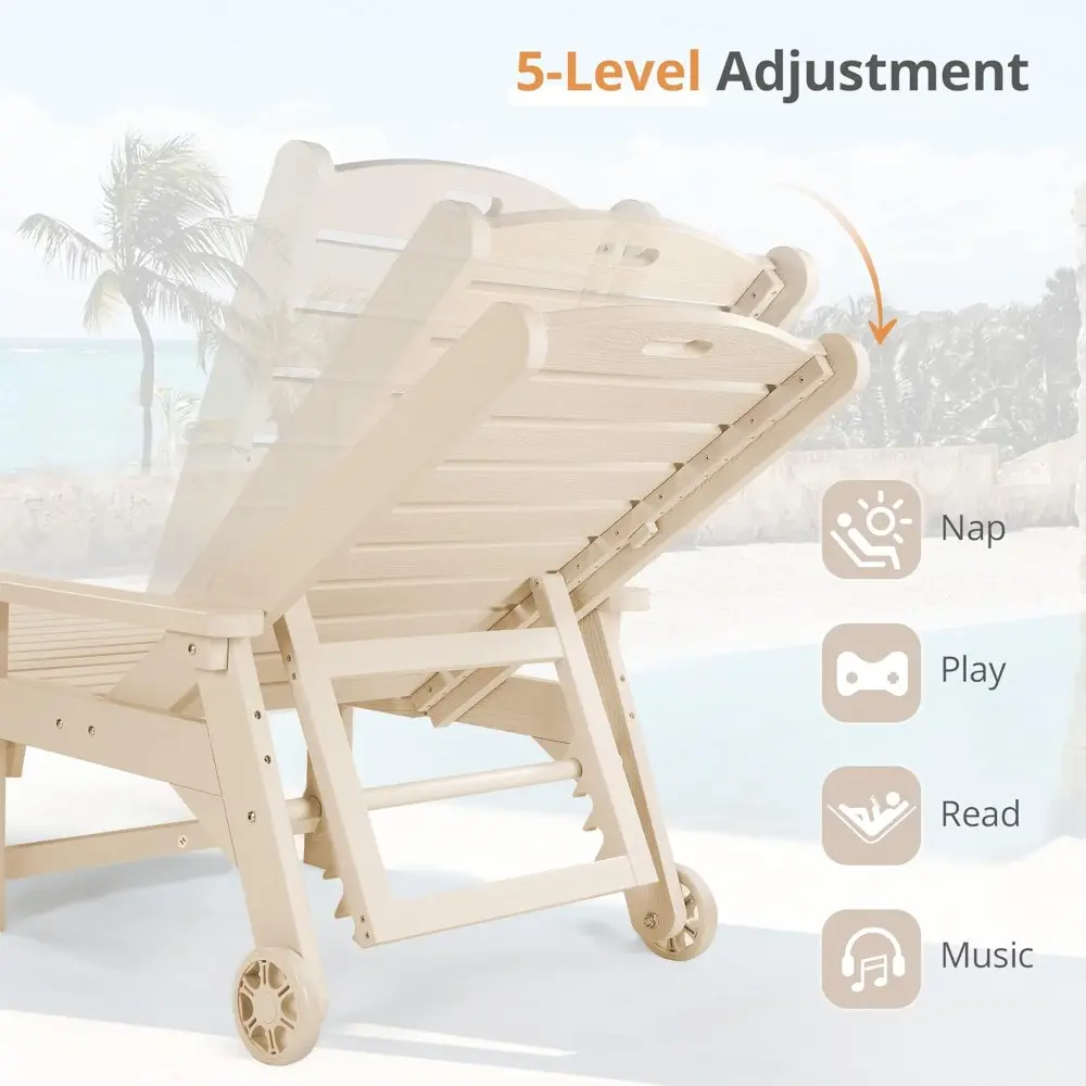Outdoor Chaise Lounge, HDPS Material, 3-Year Warranty, Patio Lounge Chair with Adjustable Backrest, Resin Pool Lounge Chairs