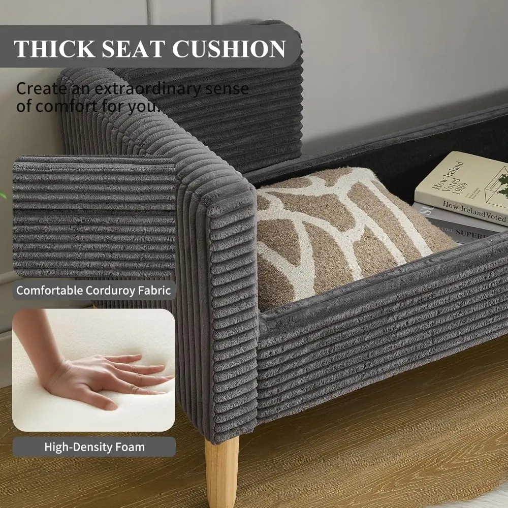 65" Large Storage Ottoman Bench with 2 Pillows, Corduroy Upholstered Entryway Bench with Wood Leg, End of Bed Bench with Straig