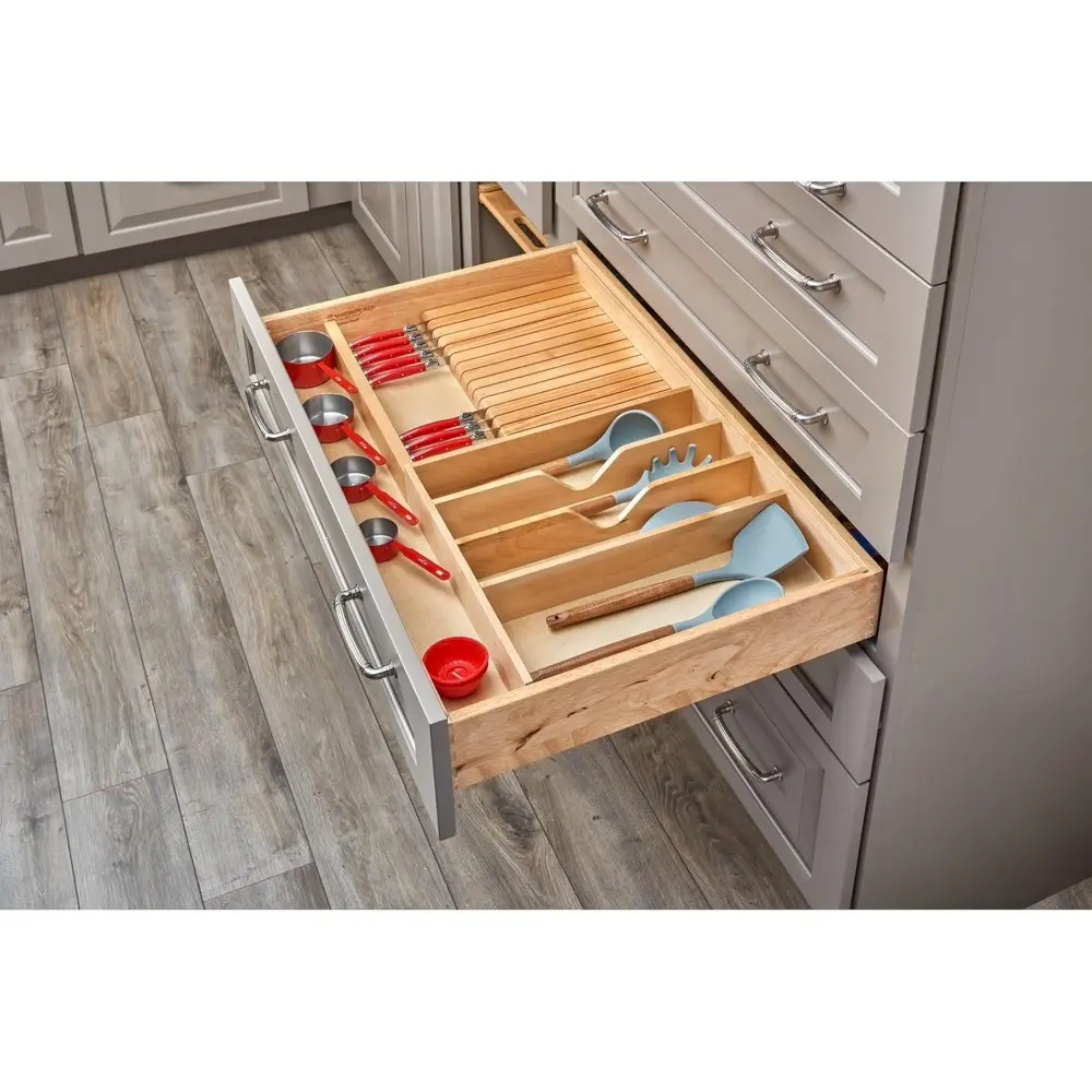 Rev-A-Shelf Trim-to-Fit Wooden Kitchen Drawer Divider and Knife Block Utility Holder Tray Organizer Insert, 33.13 x 22 In, Maple